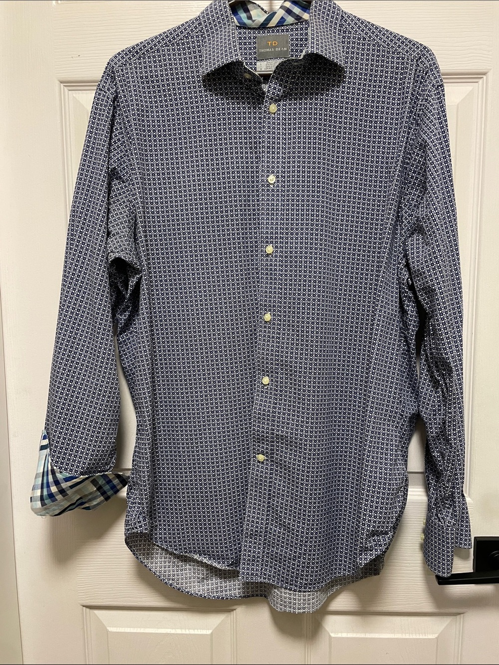 Thomas Dean | Button Down |Sport Shirt Blue Geometric |Micro-Print Cotton Size L